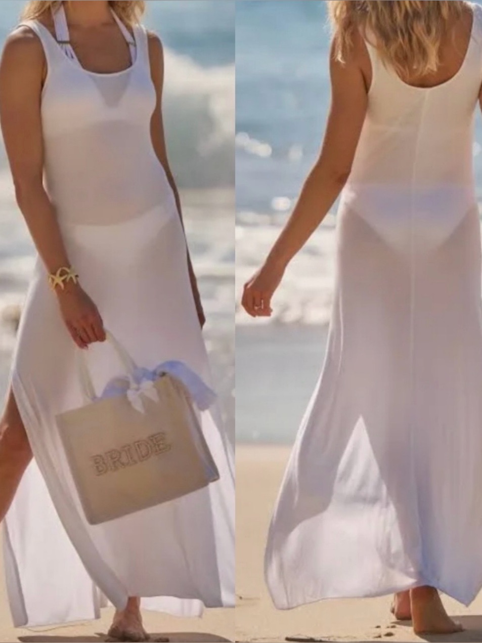 New Becca Mykonos Semisheer Ribbed Cover-Up Maxi Dress In White Sz L